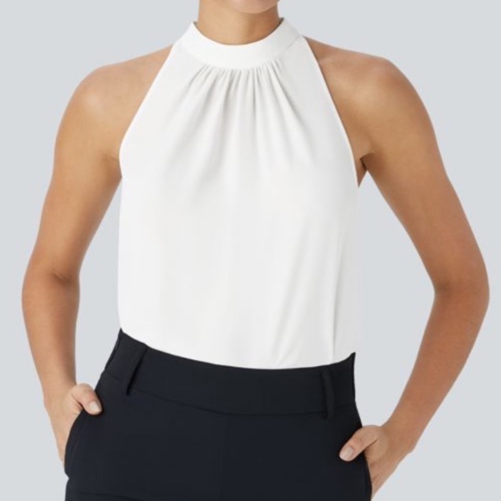 Halara Keyhole Back Halter Sleeveless Curved Hem Work Blouse NWT M